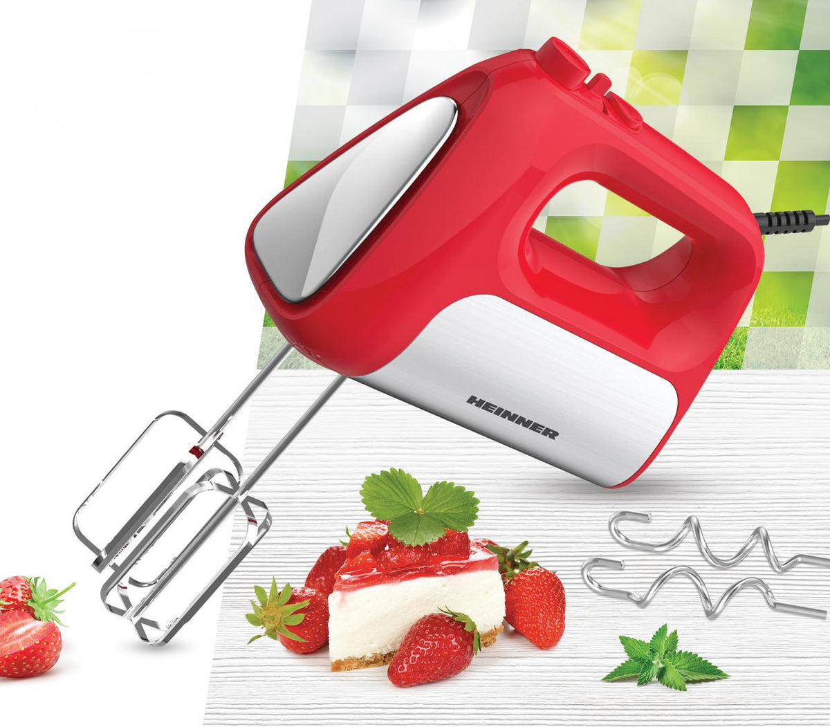 Mixer de mana Heinner HM-DC500RD, 500w, motor dc, 6 viteze + turbo, Rosu cu decoratiuni inox