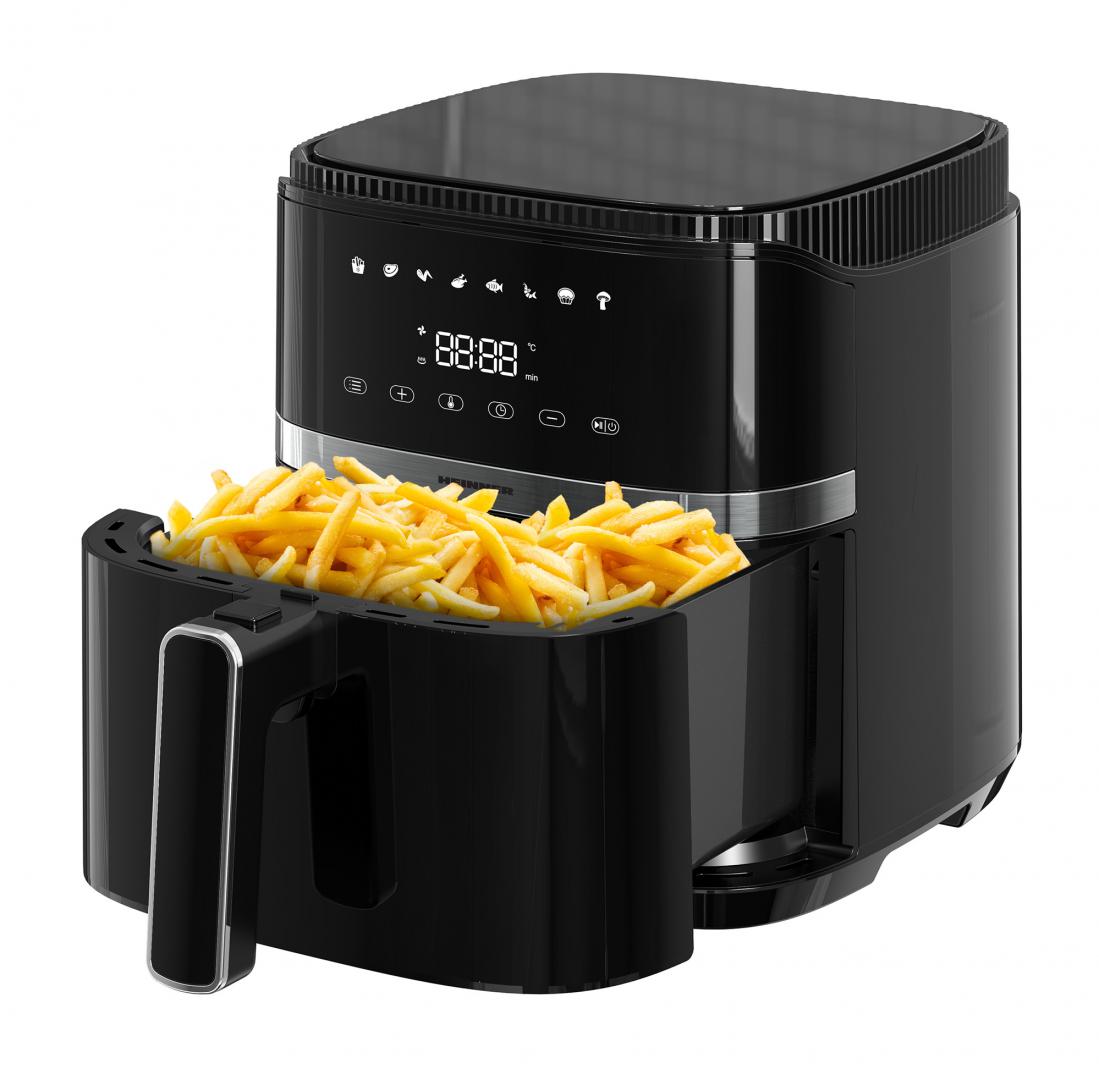 Friteuza cu aer cald Heinner Varietyfry Airfryer HAF-B5BK1500, 1500w, capacitate: 5l, display digital cu control touch, timer 60 min, temperatura 80-200 grade, 8 programe presetate, suport teflonat detasabil, oprire automata, negru