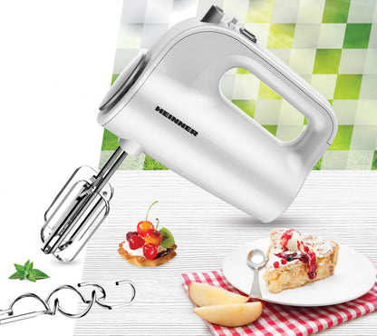 Mixer de mana Heinner HM-300WH, 300W, 5 viteze, functie Turbo, accesorii din inox, alb