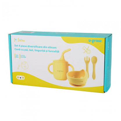Set 4 Piese Diversificare Din Silicon: Cana Cu Pai, Bol , Lingurita Si Furculita, U-Grow