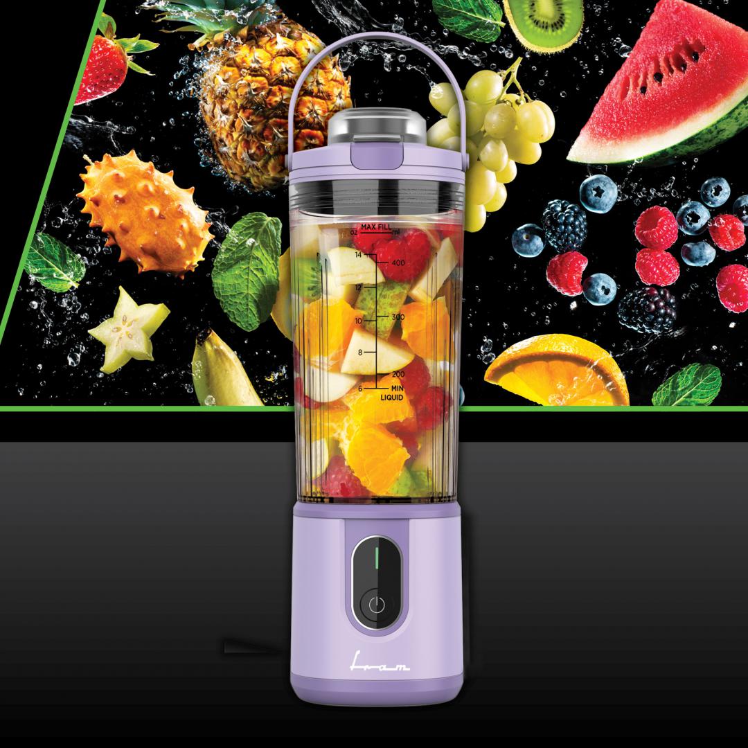 Blender portabil Fram FBP-P74PP, 10-15 minute autonomie, lame inox, mov, 400 ml, 110 W