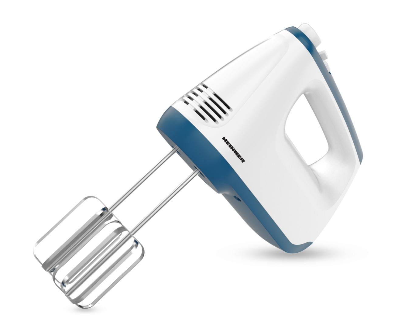 Mixer de mana Heinner HM-400BL, 400 w, 2 teluri si 2 carlige din inox, 6 viteze + turbo, self stand, alb/albastru