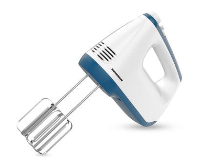 Mixer de mana Heinner HM-400BL, 400 w, 2 teluri si 2 carlige din inox, 6 viteze + turbo, self stand, alb/albastru