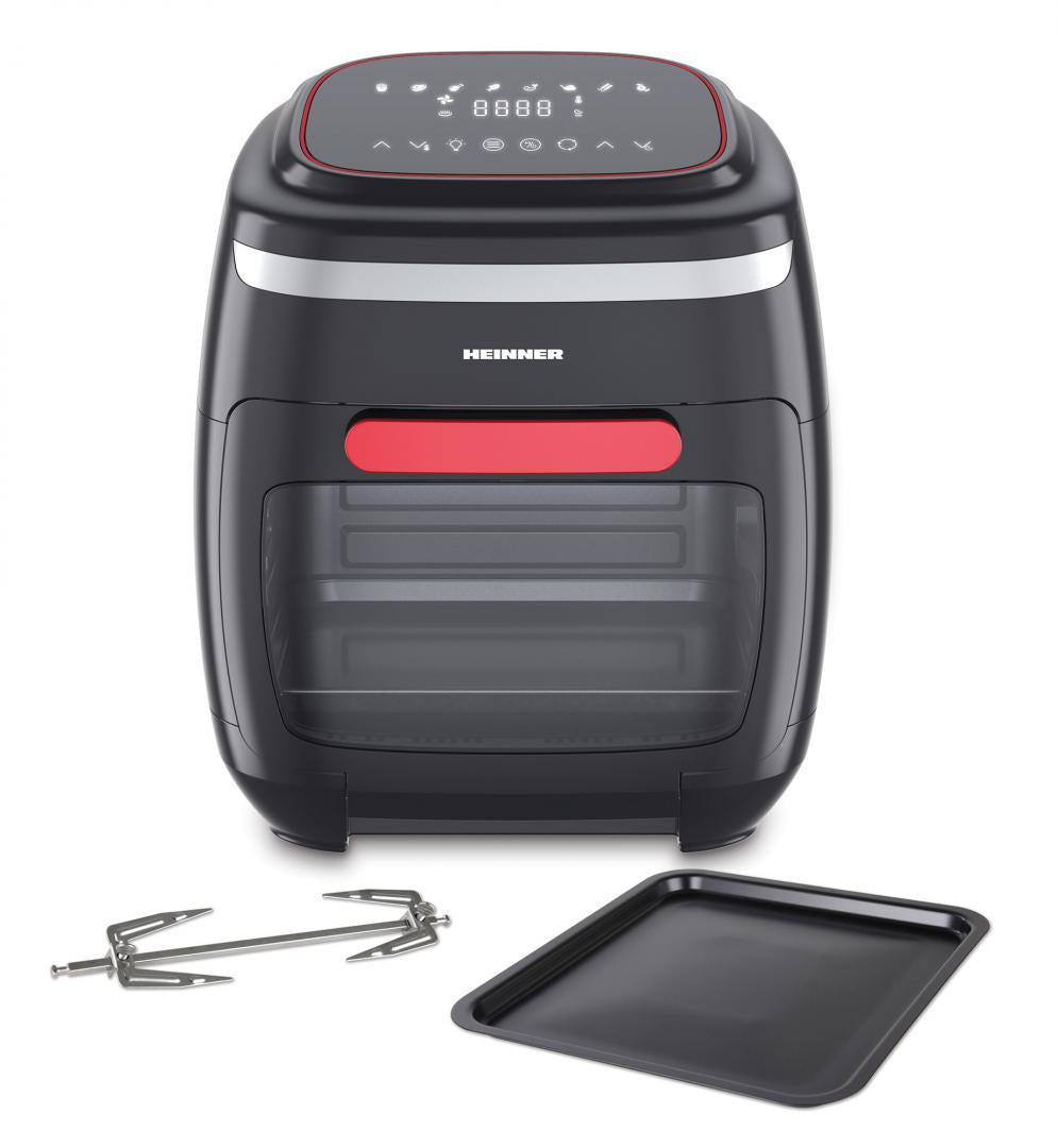 Friteuza cu aer cald Heinner Aifryer Crystal Clear HAF-B2000FB, gatire fara ulei, 2000W, capacitate cos 4.5L, capacitate cuptor 11L, 8 programe, 3 rafturi pentru preparare cu aer cald, afisaj digital, tija rotisor, termostat reglabil: 30-200˚C