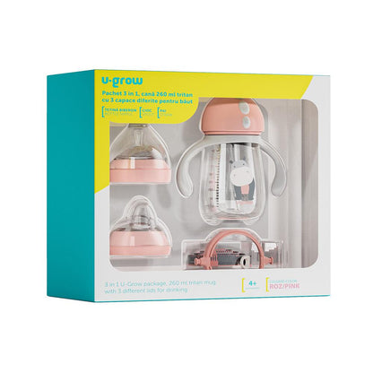 Pachet 3 in 1 cana 260 ml tritan cu 3 accesorii diferite pentru baut : tetina biberon, cioc , pai, dark pink, U-Grow