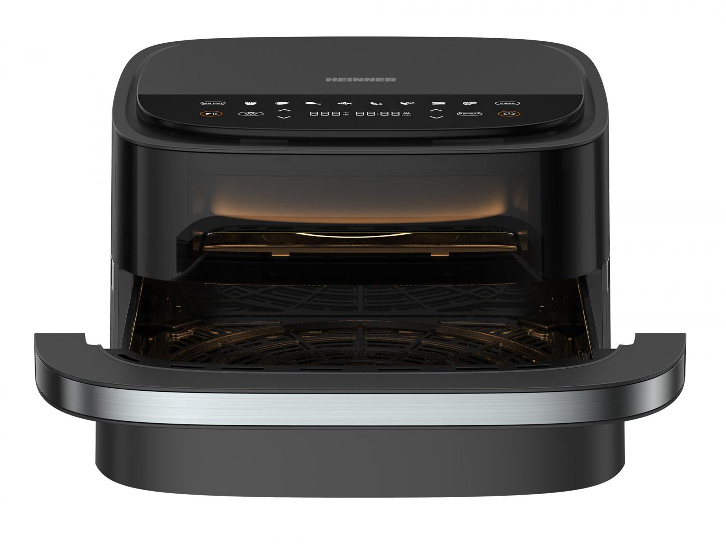 Friteuza cu aer cald si cuptor pizza 2 in 1 Heinner pizza EastFry HPAF-B4DC22BK, 2200W, capacitate 4L si 25.4 diametru pizza, control digital, 9 programe presetate, programe presetate, 40-230 grade, timer 60 min, negru