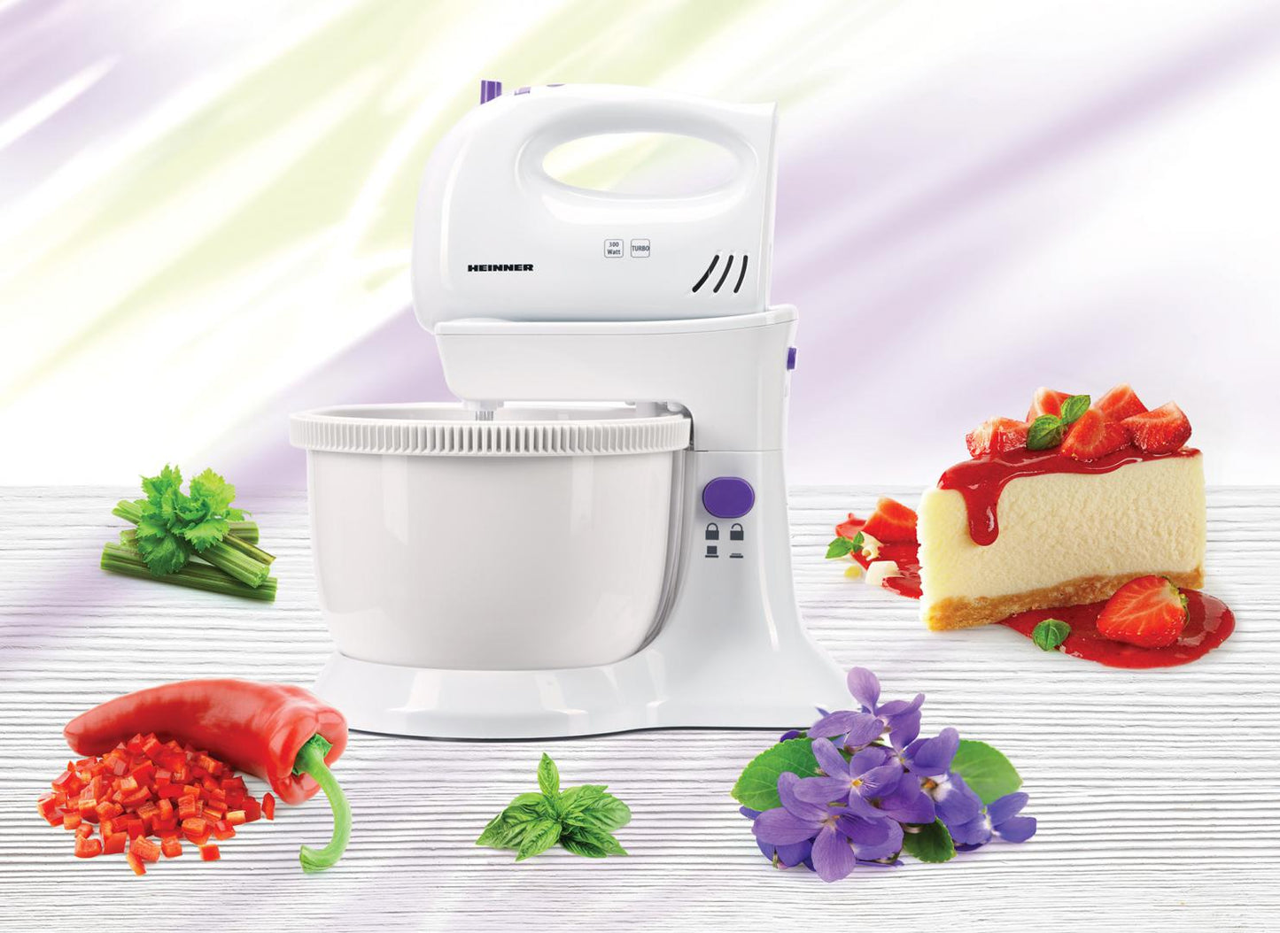 Mixer cu bol Heinner Charm, 300W, 5 viteze + turbo, Alb/Mov