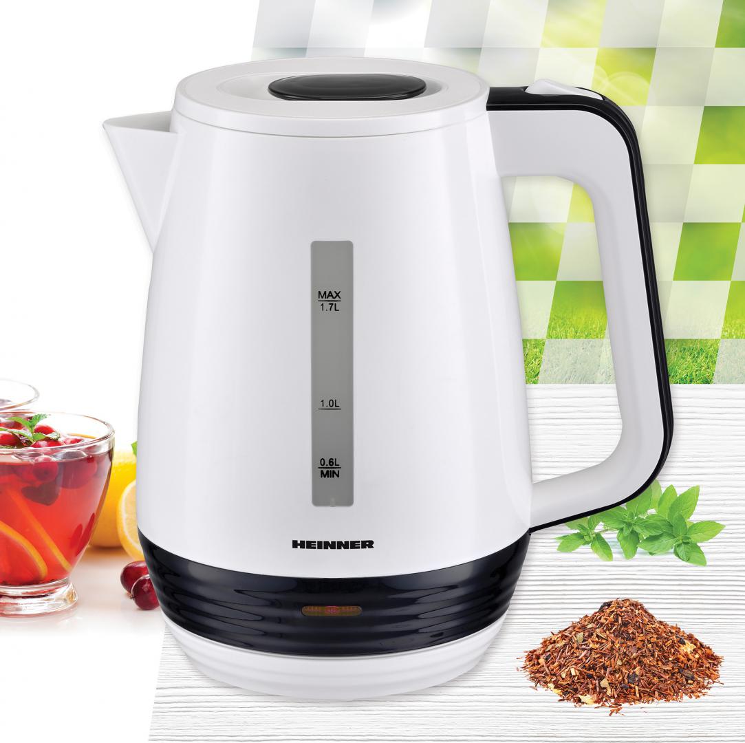 Fierbator Heinner HEK-17WH, 1.7 L, element incalzire inox, oprire automata, plastic, Negru/Alb