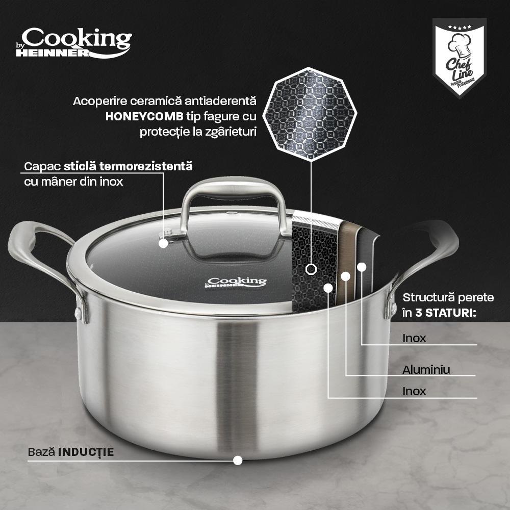 Oala 7L cu capac sticla Cooking by Heinner Titanium, 3 straturi, inox, inductie, 28 x 13 cm