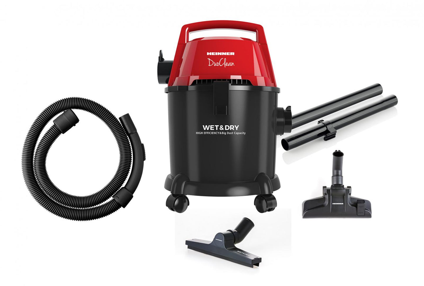 Aspirator multifunctional cu aspirare umeda si uscata HEINNER DuoClean HVC-MWD1400P-BK, 1400W, 15L, functie suflare, sac 3 L, filtru HEPA, negru/rosu