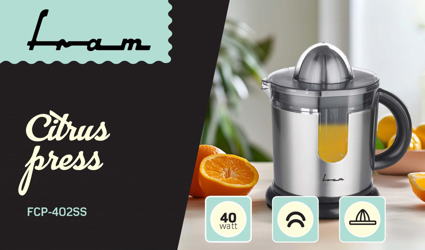 Storcator de citrice Fram FCP-402SS, 40, 2 conuri, capacitate 1.2L, capac protectie, inox