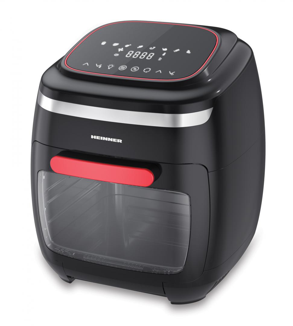 Friteuza cu aer cald Heinner Aifryer Crystal Clear HAF-B2000FB, gatire fara ulei, 2000W, capacitate cos 4.5L, capacitate cuptor 11L, 8 programe, 3 rafturi pentru preparare cu aer cald, afisaj digital, tija rotisor, termostat reglabil: 30-200˚C