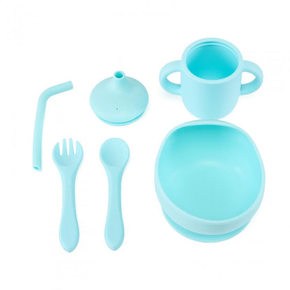 Set 4 Piese Diversificare Din Silicon: Cana Cu Pai, Bol , Lingurita Si Furculita, Blue, U-Grow