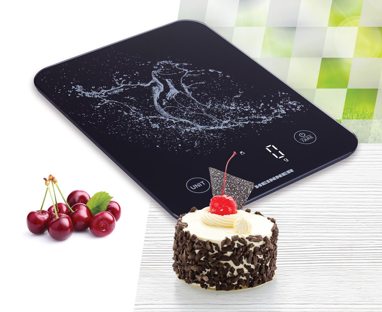 Cantar de bucatarie Heinner HKS-BK10USB, 10kg, sticla securizata 3mm, display led, control touch, gradare: 1g, functie Cantarire lichide, incarcare type-c, acumulator li: 3.7v, negru