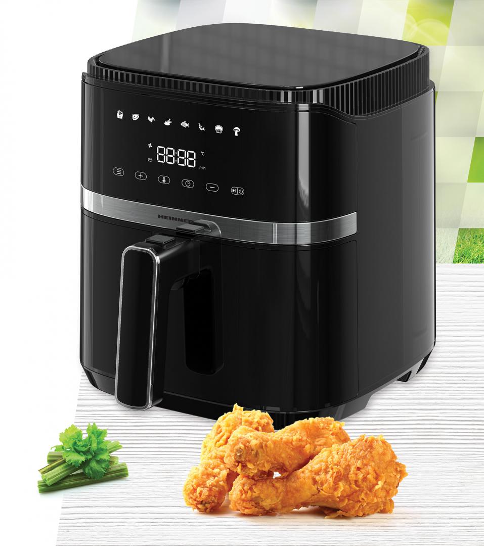 Friteuza cu aer cald Heinner Varietyfry Airfryer HAF-B5BK1500, 1500w, capacitate: 5l, display digital cu control touch, timer 60 min, temperatura 80-200 grade, 8 programe presetate, suport teflonat detasabil, oprire automata, negru