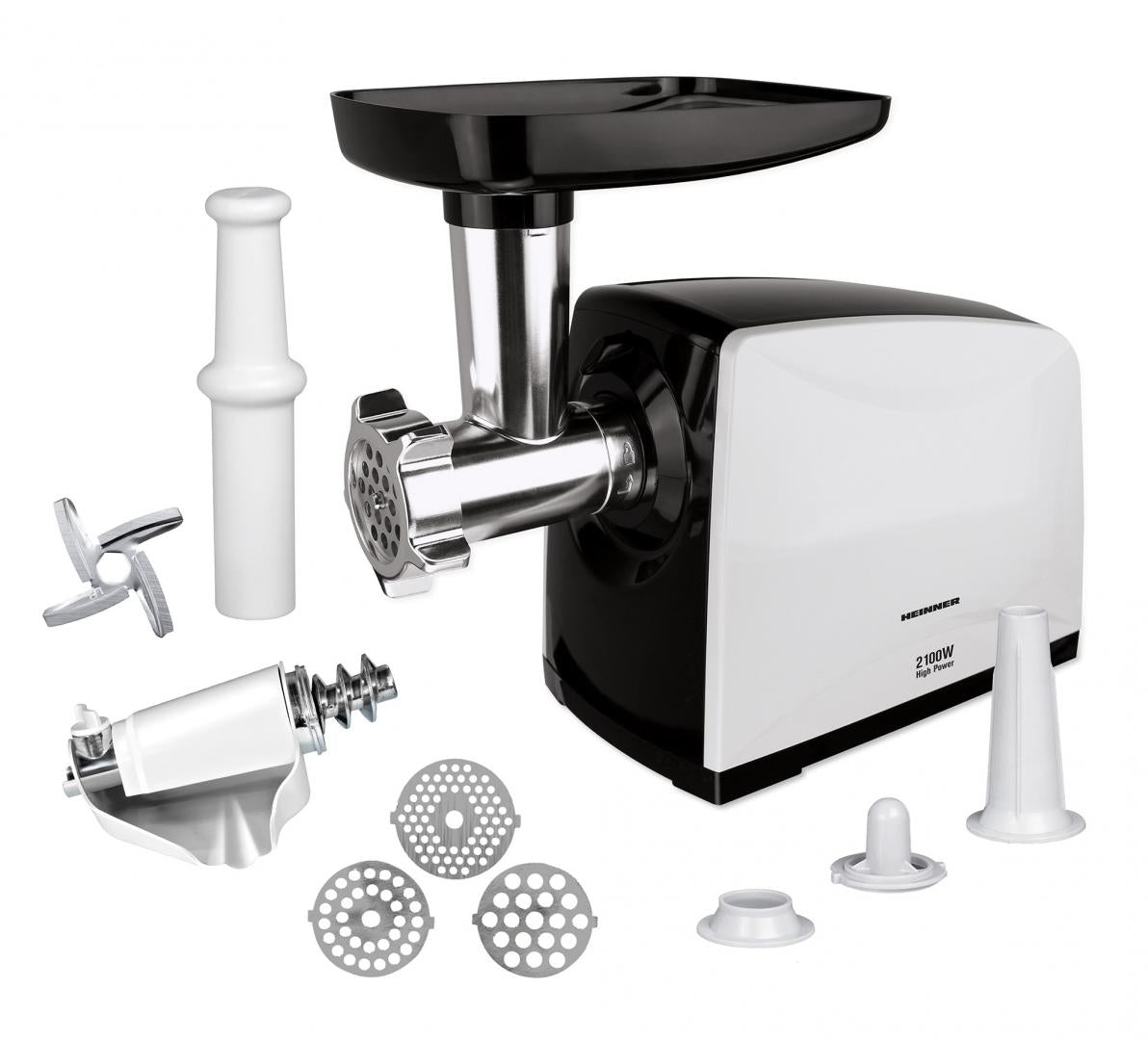 Masina de tocat carne Heinner MG-2100BKWH, 2100 W, accesoriu rosii, Cutit Inox, Negru/Alb