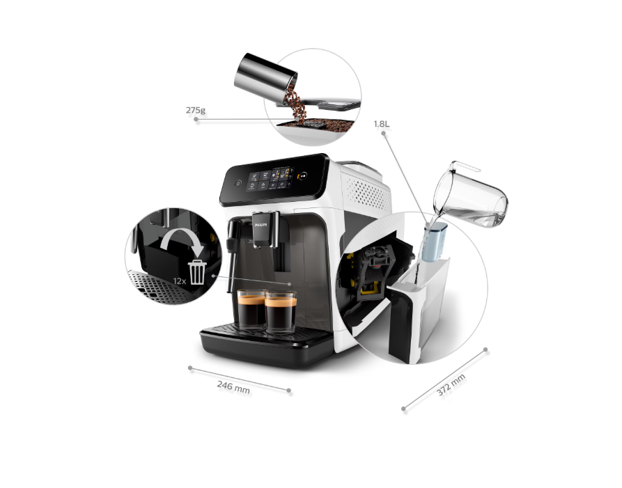 Espressor automat Philips EP1223/00 Seria 1200, 1500W, 15 bar, sistem clasic de spumare, 2 bauturi, afisaj tactil, optiune 2 cesti, 12 setari macinare, rasnita ceramica, Alb