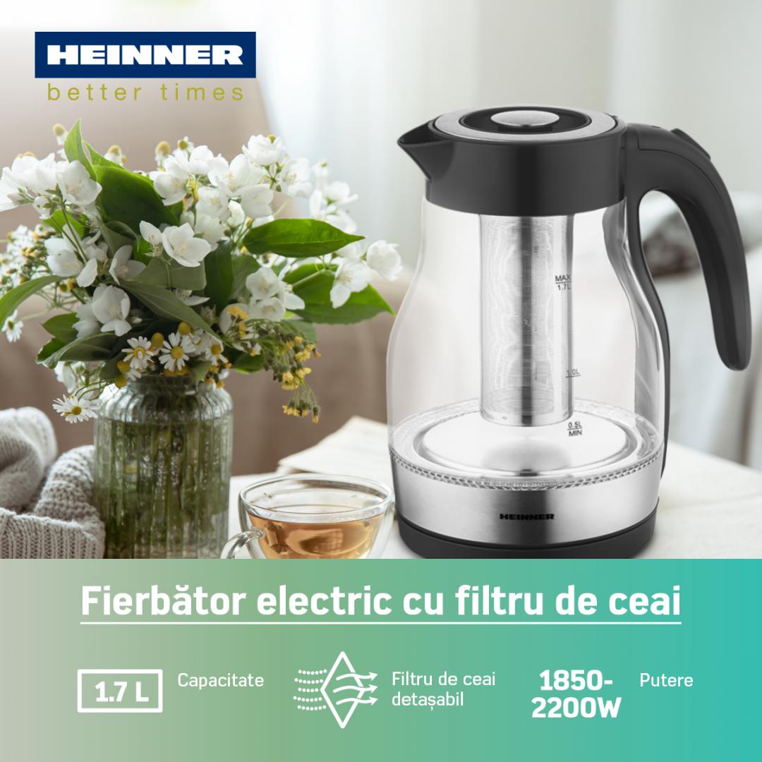 Fierbator electric cu filtru ceai Heinner HEK-TF2200GBK, 1850-2200w, 1.7l, filtru detasabil, Negru