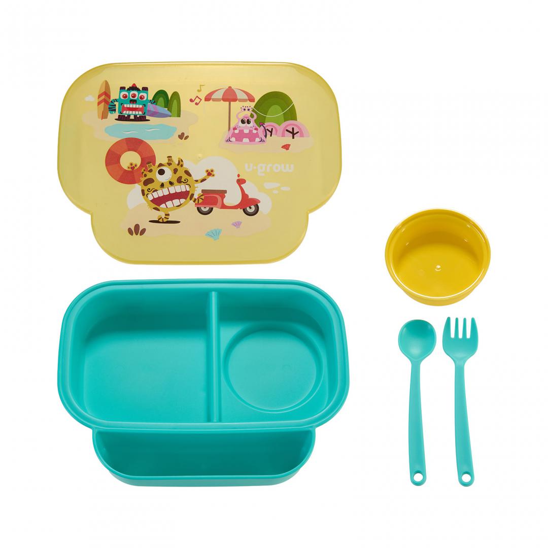 Farfurie compartimentata cu capac si lingurita si furculita, galbena, U-Grow