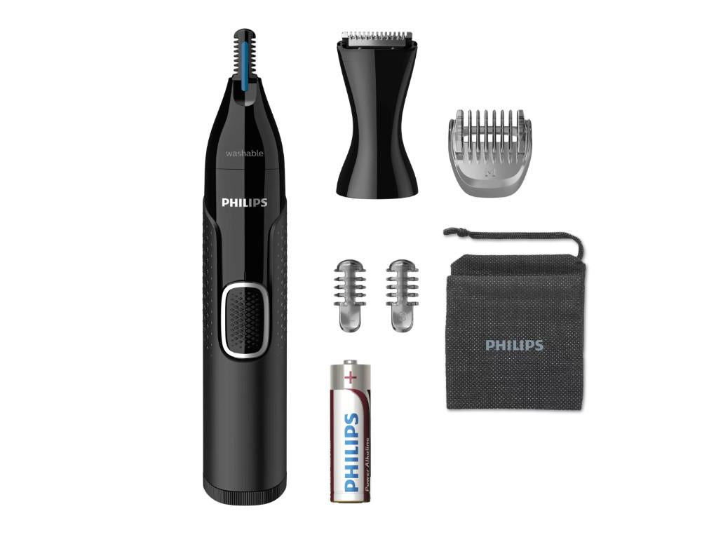 Trimmer pentru nas/urechi Philips NT5650/16, baterie, lavabil, utilizare umed si suscat, tehnologie Precision Trim, otel inoxidabil, pieptene pentru sprancene, 2 piepteni 3-5 mm, Negru