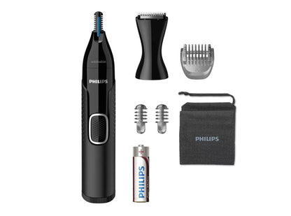 Trimmer pentru nas/urechi Philips NT5650/16, baterie, lavabil, utilizare umed si suscat, tehnologie Precision Trim, otel inoxidabil, pieptene pentru sprancene, 2 piepteni 3-5 mm, Negru