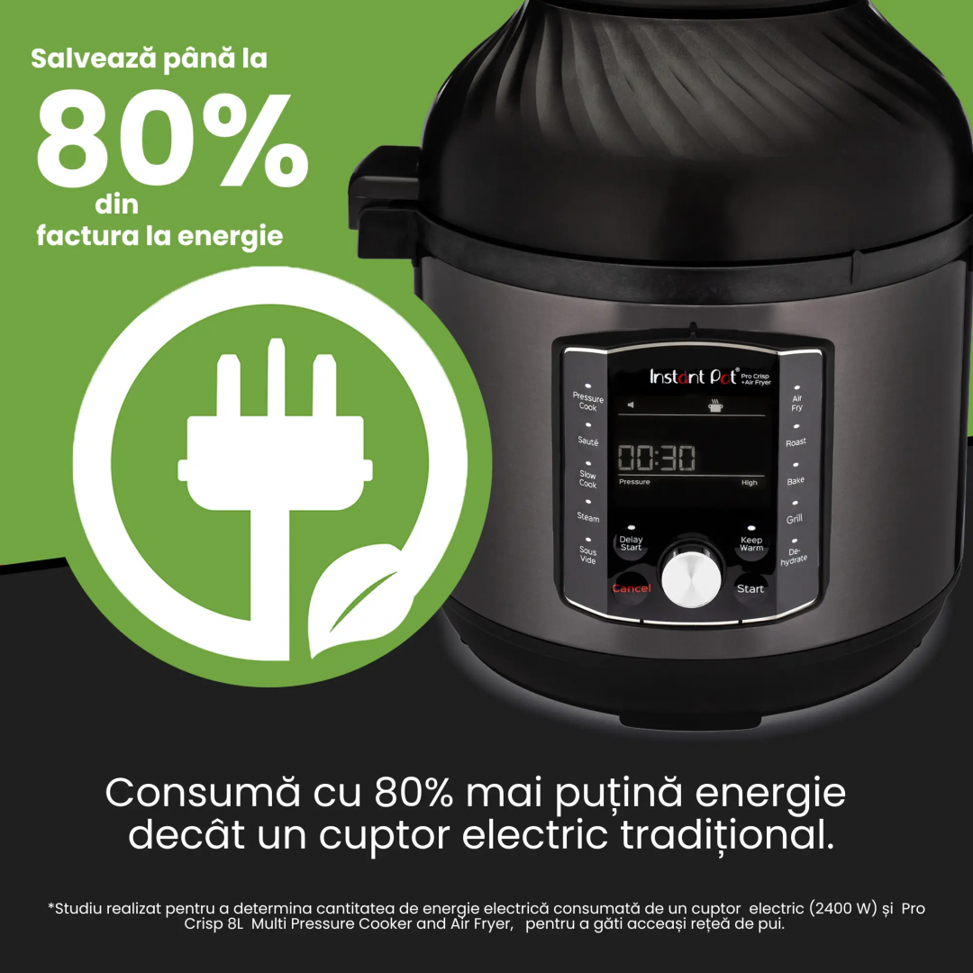 Multicooker si friteuza cu aer cald, 2 in 1, Instant Pot Pro Crisp 8, 1500W, 11 programe presetate, Capacitate 7.6 litri, Vas interior din inox, Negru