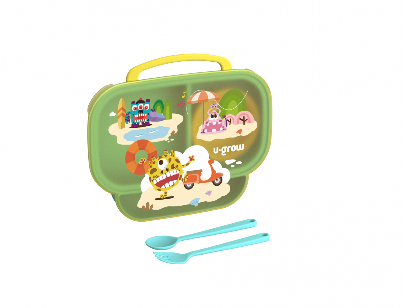 Farfurie compartimentata cu capac si lingurita si furculita, galbena, U-Grow