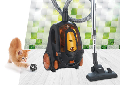 Aspirator fara sac Heinner Monarch HVC-V800BK, 800W, putere absorbtie >180W, 2.2L, tija telescopica din metal, accesorii 2 in 1, perie canapea, negru/orange