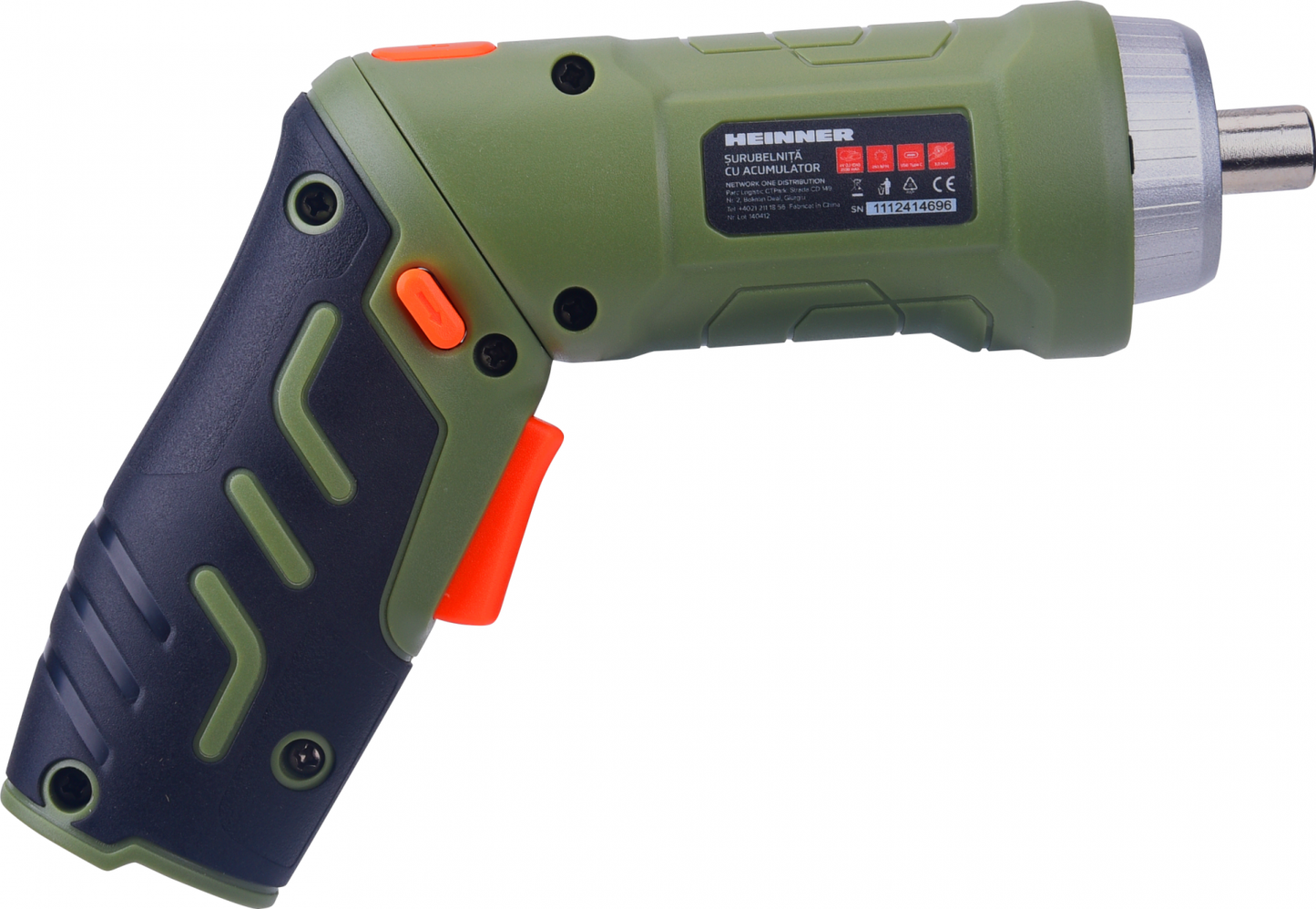 Surubelnita pe acumulator Heinner SSA111, 4 V, 250 RPM, 3 Nm, cablu USB, 9 biti 25 mm, prelungitor biti, suport biti