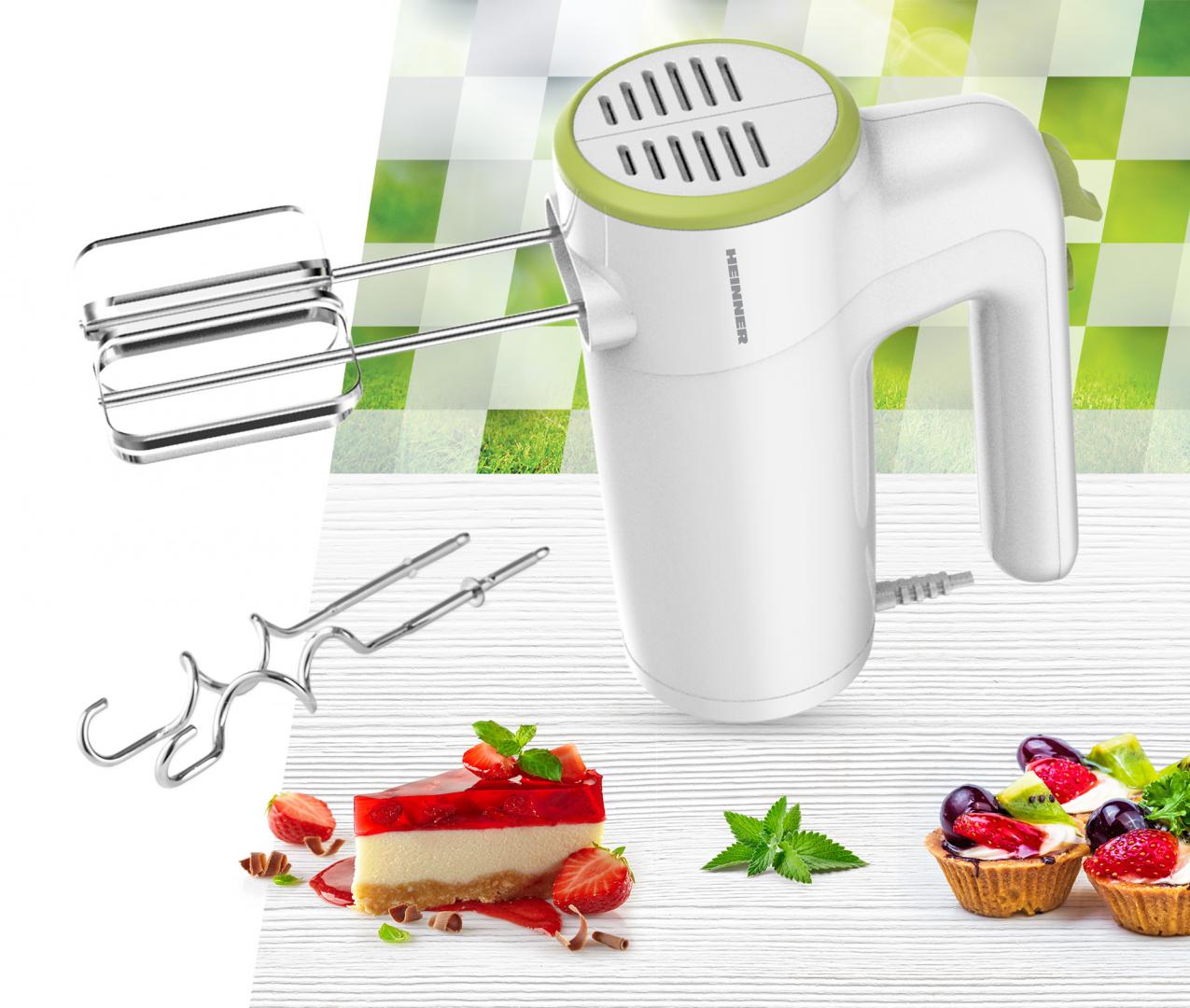 Mixer de mana HEINNER HM-300GR, 300w, 6 viteze+turbo, 2 seturi accesorii inox, alb/verde