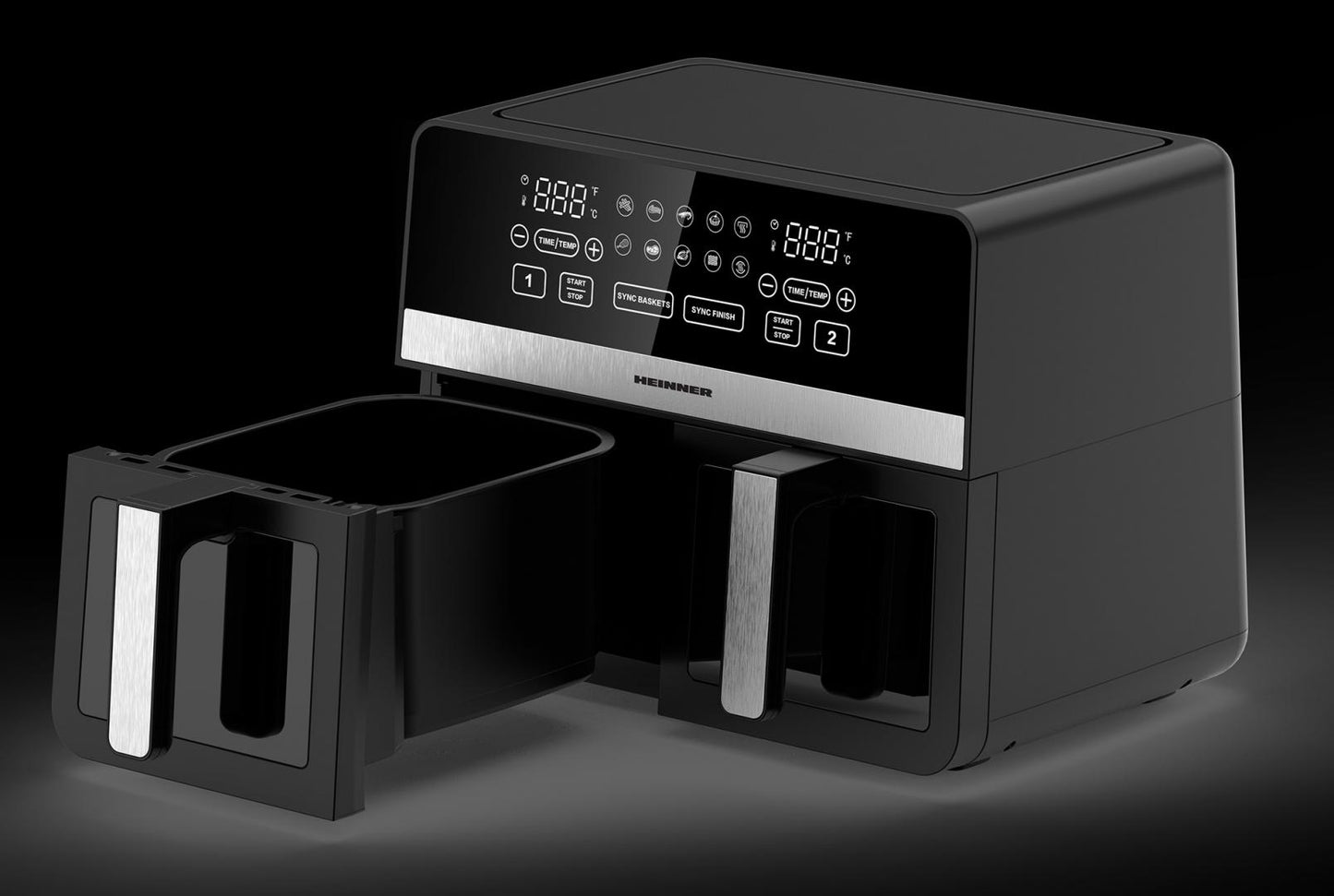 Friteuza dubla cu aer cald Heinner SimCook HAF-K10DB24BK, 2400W, capacitate 9.5L, termostat reglabil cu afisaj LED, control digital individual, 10 programe prestabilite, temporizator 60 min. cu avertizare sonora, Negru