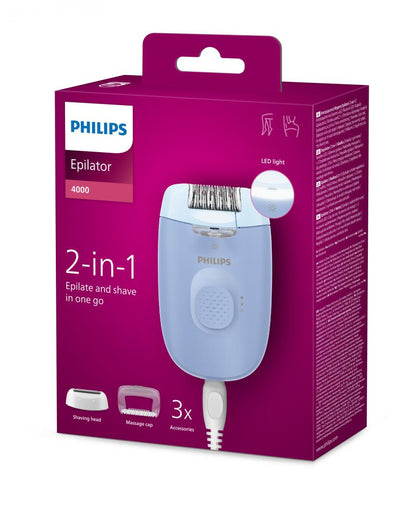 Epilator Philips Seria 4000 BRE247/00, 2 setari de viteza, cap de epilare lavabil, 4 accesorii pentru corp si zona inghinala, lumina LED, Albastru