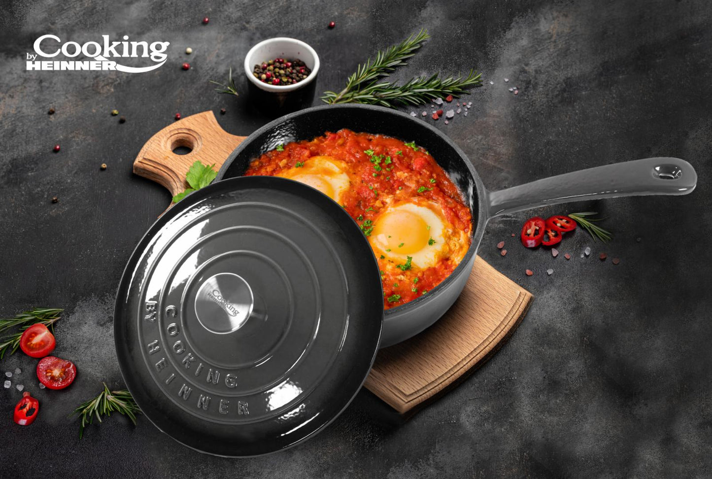 Tigaie 2.5L adanca Cooking by Heinner Marble Grey cu capac, fonta emailata, 24X8 cm