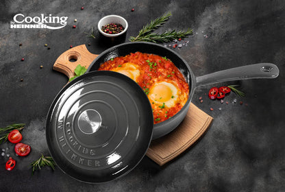 Tigaie 2.5L adanca Cooking by Heinner Marble Grey cu capac, fonta emailata, 24X8 cm