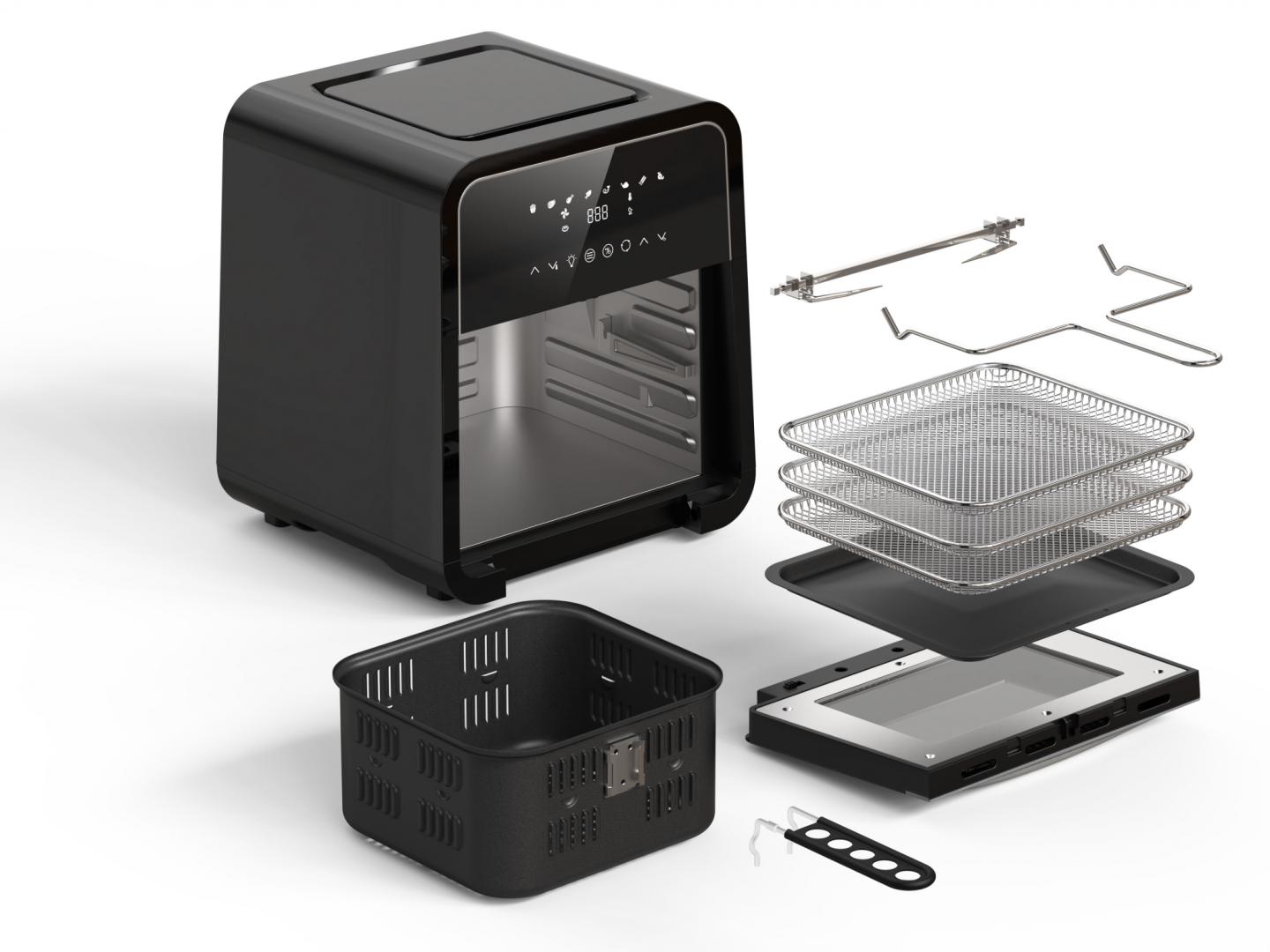 Friteuza cu aer cald Heinner Masterfry HAF-B12BK2000, 2000w, functie cuptor, capacitate: 12l, display digital cu control touch, timer 60 min, deshidratare 24h, temperatura 30-200 grade, 8 programe presetate, 3 nivele de gatire, oprire automata, negru