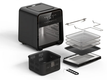 Friteuza cu aer cald Heinner Masterfry HAF-B12BK2000, 2000w, functie cuptor, capacitate: 12l, display digital cu control touch, timer 60 min, deshidratare 24h, temperatura 30-200 grade, 8 programe presetate, 3 nivele de gatire, oprire automata, negru