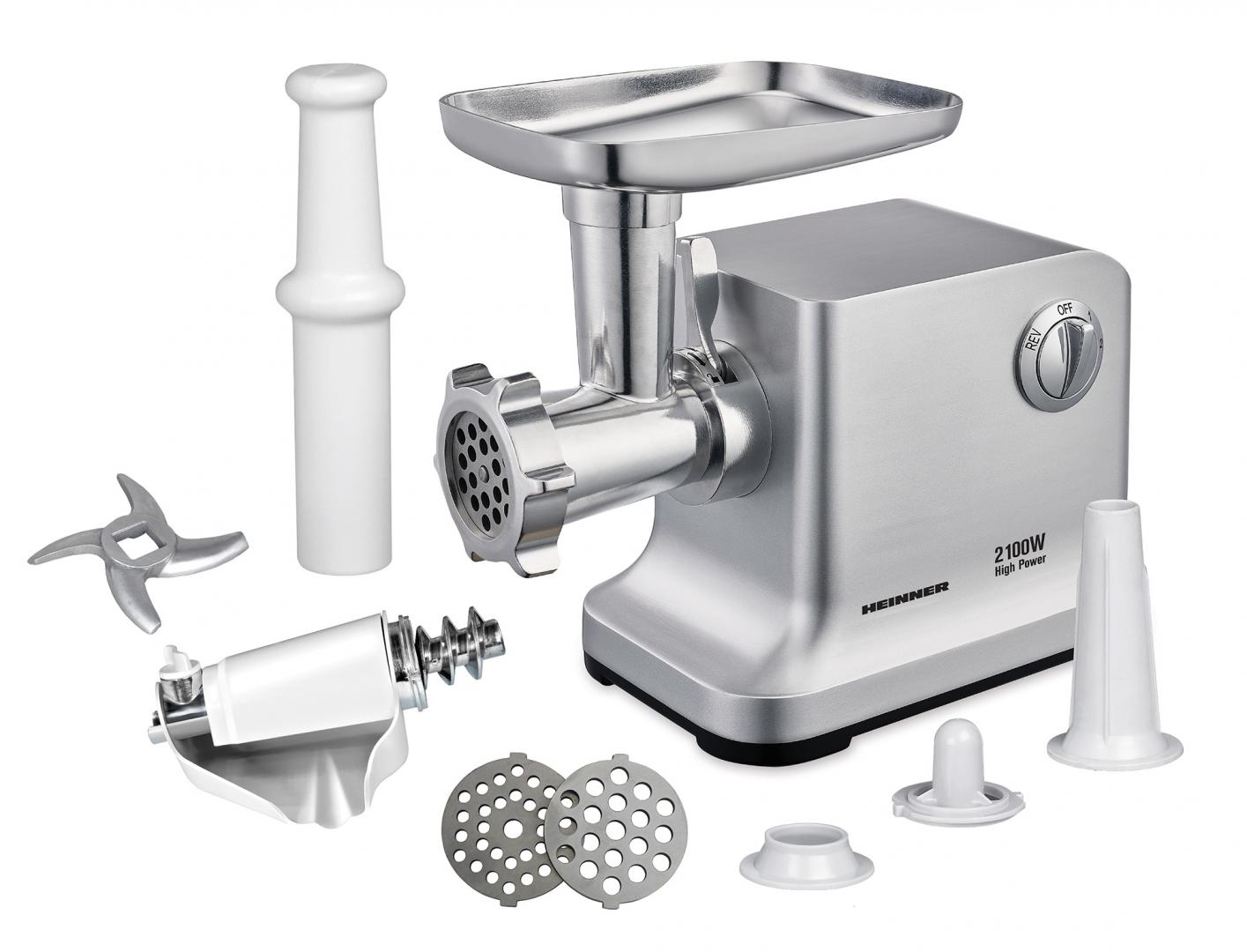 Masina de tocat Heinner MG-2100SS, 2100W, Accesoriu rosii, Accesoriu carnati, Cutit si site inox, Silver