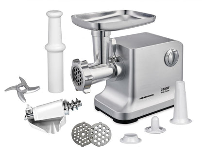 Masina de tocat Heinner MG-2100SS, 2100W, Accesoriu rosii, Accesoriu carnati, Cutit si site inox, Silver