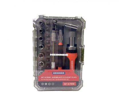 Heinner Set 35 Piese - Surubelnita Cu Clichet Cu AccSet 35 accesorii Heinner PCSS019, surubelnita cu clichet, surubelnita precisa, biti, biti precizie, tubulare din otel carbon, adaptor biti, extensie biti, extensie flexibila