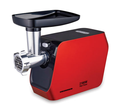 Masina de tocat Heinner MG-2100RD, 2100W, 1.8 kg/min, accesoriu rosii, accesorii carnati, cutit inox, 3 site taiere, rosu