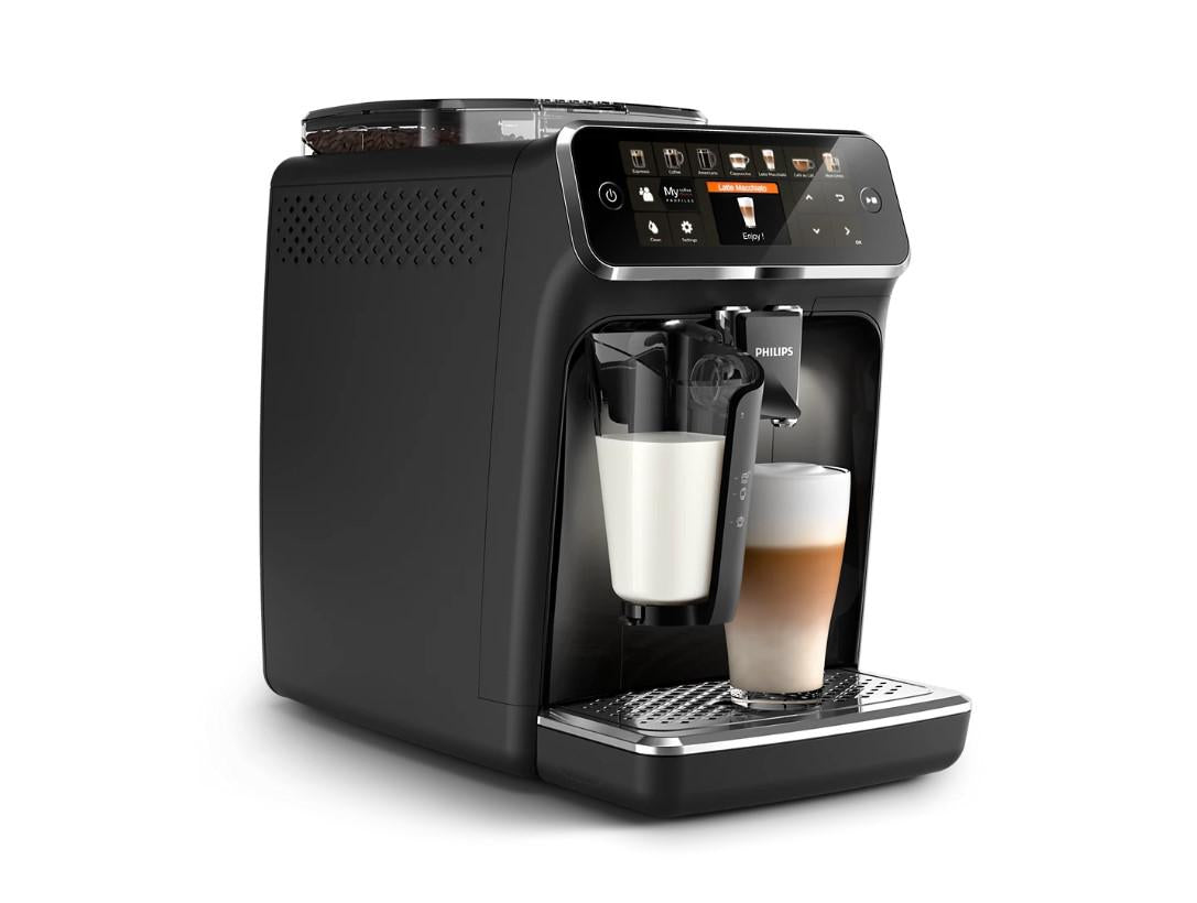 Espressor automat Philips EP5441/50 seria 5400, solutie de lapte LatteGo, 12 tipuri de bauturi, ecran tactil, rasnita ceramica, functie QuickStart, preparare silentioasa, jet suplimentar, 12 setari macinare, 4 profiluri de utilizator, negru