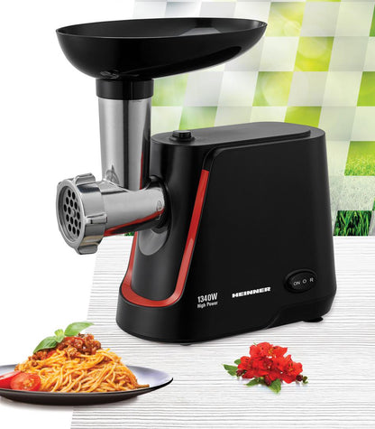 Masina de tocat Heinner MG-1250BK, 1340 W, 1.5 Kg/Min, 2 site, reverse, accesorii incluse, Negru