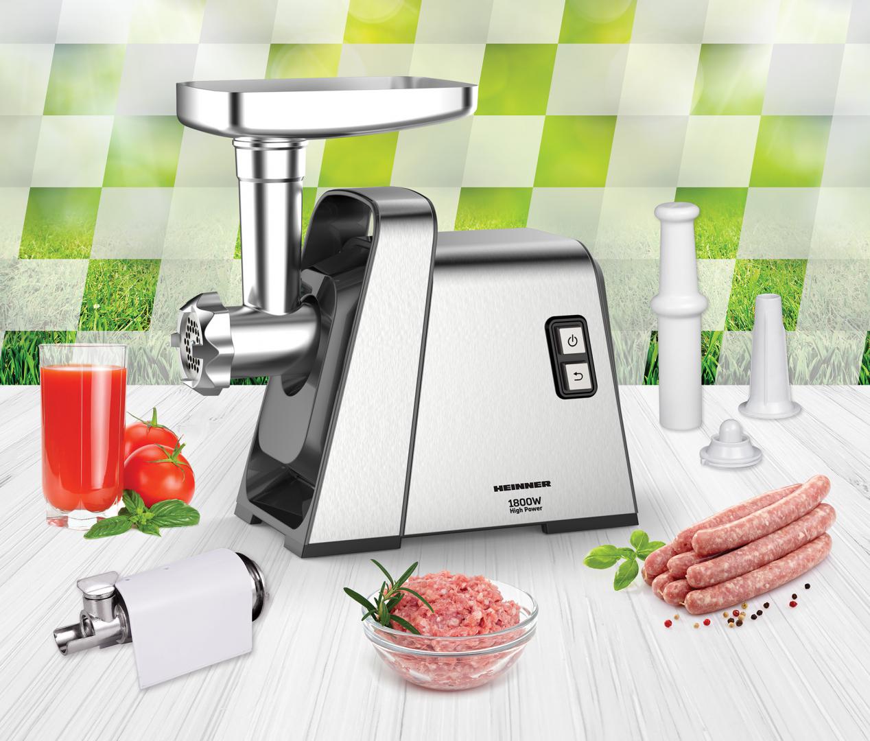 MASINA DE TOCAT HEINNER MG-Y1800X, Putere 1800W, Functie reverse, 3 site de taiere, Accesoriu de rosii si carnati, Argintiu
