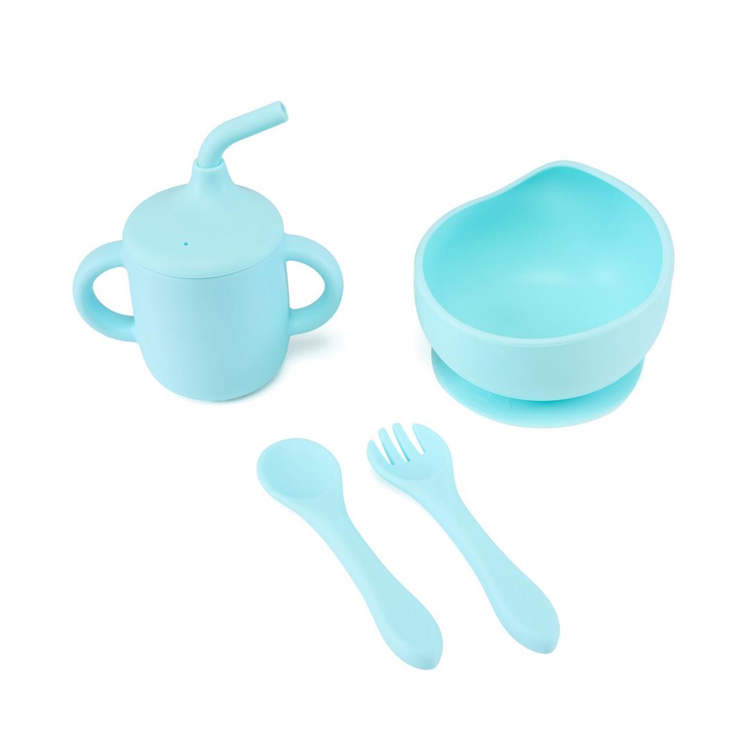 Set 4 Piese Diversificare Din Silicon: Cana Cu Pai, Bol , Lingurita Si Furculita, Blue, U-Grow