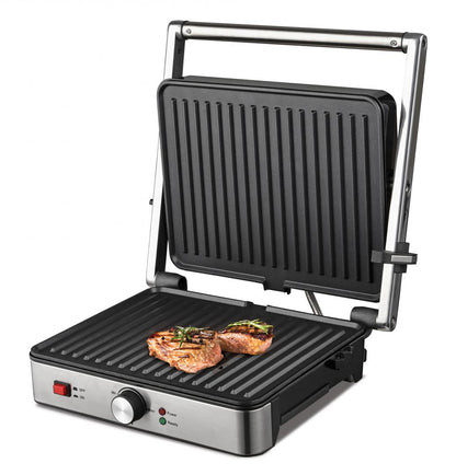 Grill electric Heinner SunsetGrill HEG-K2000SS, 2000W, placi fixe cu invelis antiaderent, dimensiuni placi: 30 X 24.9 cm, temperatura reglabila, maner rece, deschidere 180˚, indicatoare luminoase „ON” și „gata de folosire”, tava colectare ulei, inox