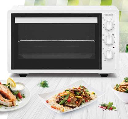 Cuptor electric Heinner HCE-S37WH, 1650W, capacitate 37l, 220°C, 4 functii de gatire, timer, grill, accesorii: gratar si tava de copt, Alb