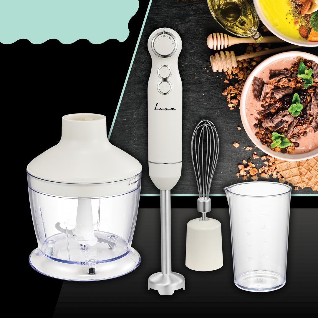 Mixer vertical Fram FHBL-RAC1200CR, 1200W, viteza variabila, functie Turbo, accesorii: tocator, tel, cana de mixat, picior blender din inox, motor DC, capacitate tocator: 500 ml, capacitate cana de mixare: 600 ml, buton ON/OFF, Crem