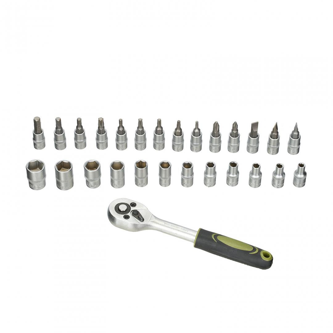 Set 27 piese Heinner CTSM020, cheie cu clichet 1/4", capete chei tubulare, biti tubulari, 4-13 mm, material chrome-vanadium