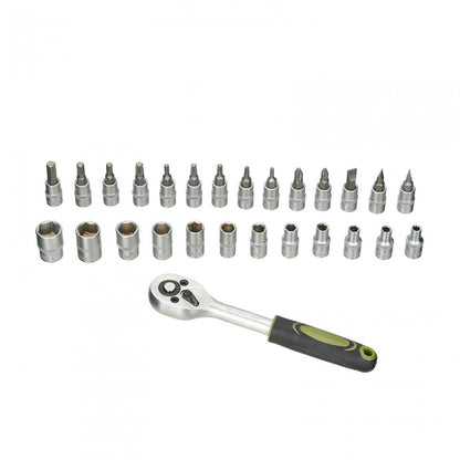 Set 27 piese Heinner CTSM020, cheie cu clichet 1/4", capete chei tubulare, biti tubulari, 4-13 mm, material chrome-vanadium