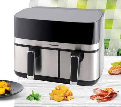 Friteuza dubla cu aer cald Heinner ProDual Fusion HAF-H9DB17BKS, 1700W, capacitate totala: 8.6L, display digital, control touch, control individual, 8 programe, functii SYNC&MATCH, gri/silver